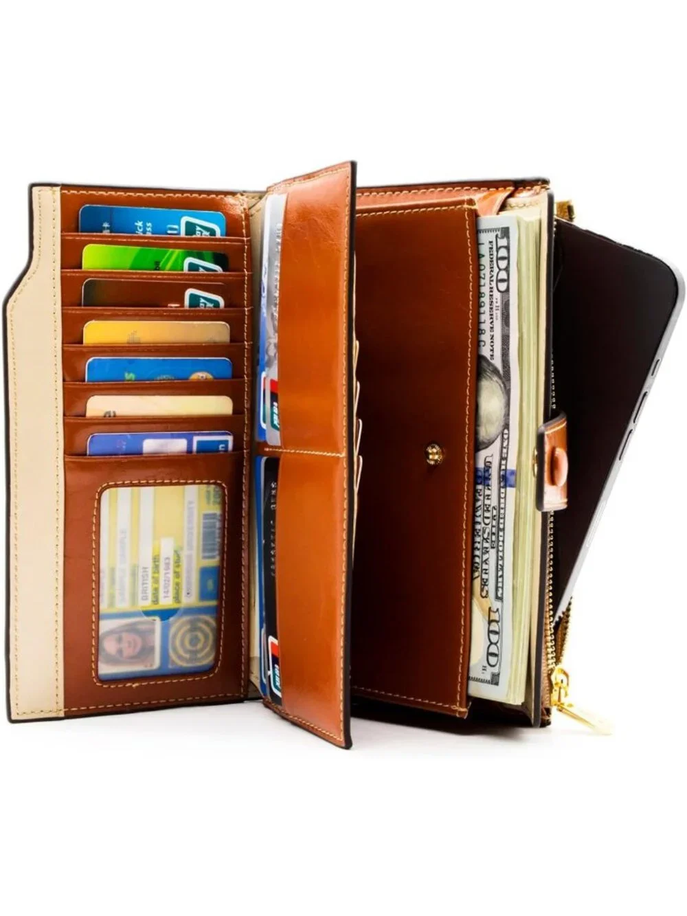 Genuine Leather RFID Blocking Clutch Wallet with Phone Pocket for Women